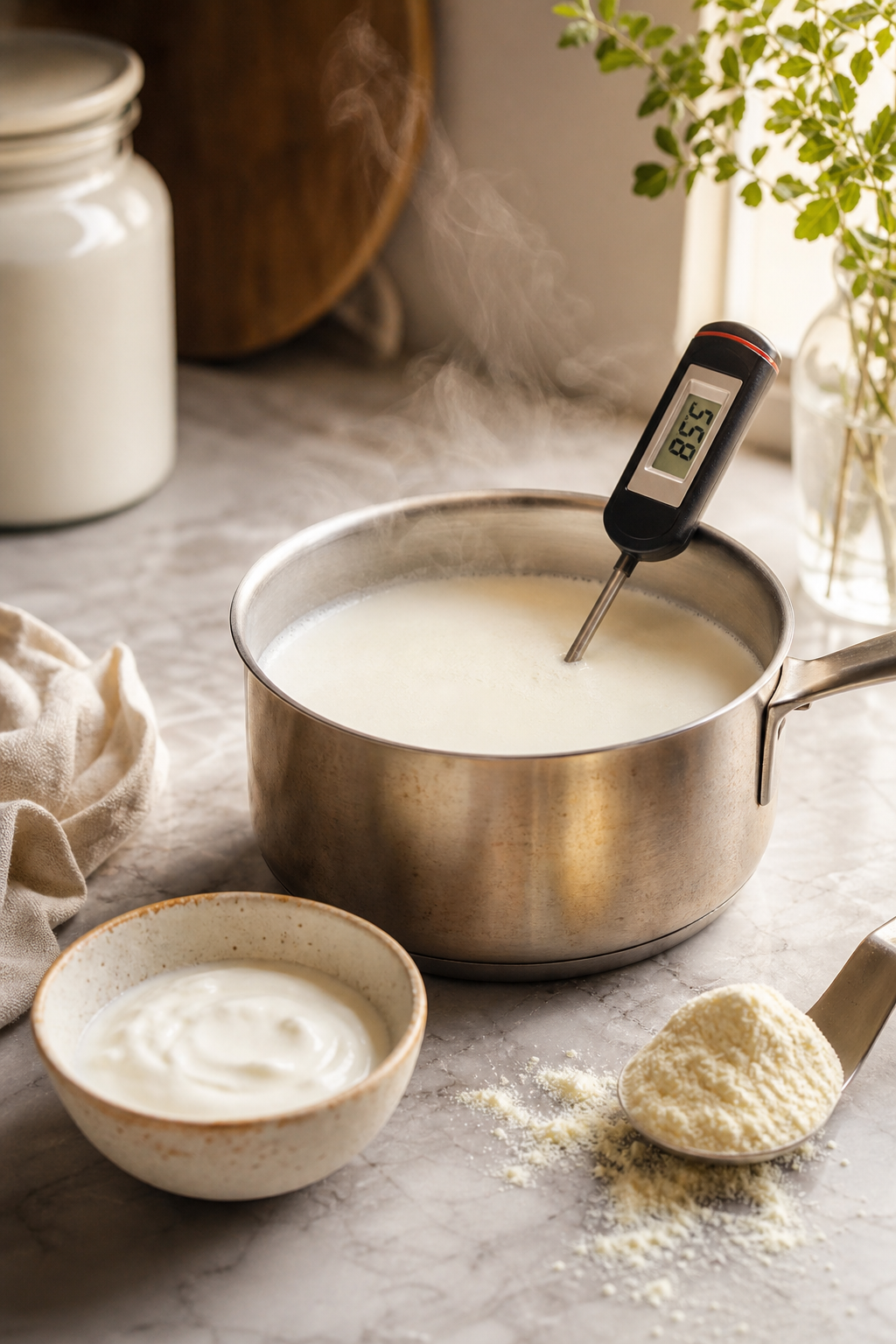 Leite aquecido com termômetro culinário